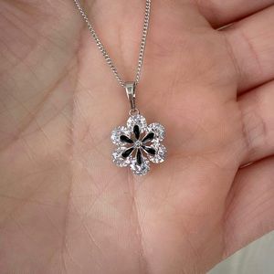 Flower Necklace Platinum Plated Elegant Flower Black Enamled Luxury Necklace